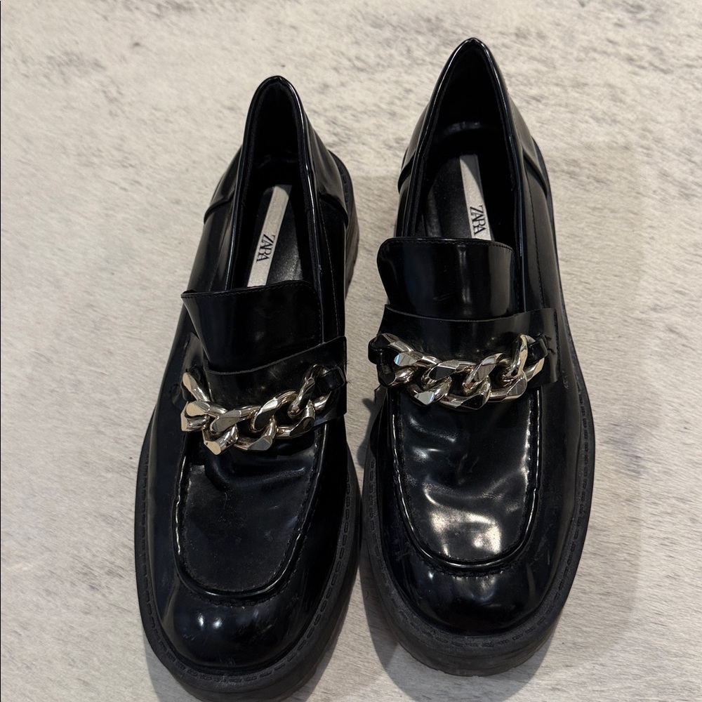 Zara Black Loafers with Silver Chain Accent